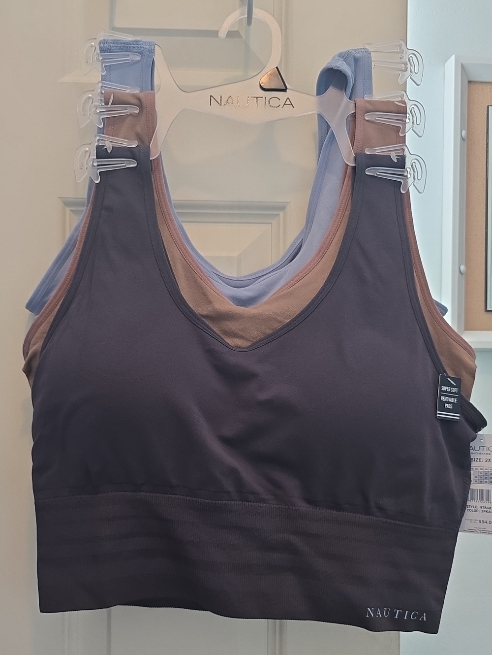 Nautica Seamless V-Neck Bralette Trio in Charcoal, Brown, and Periwinkle